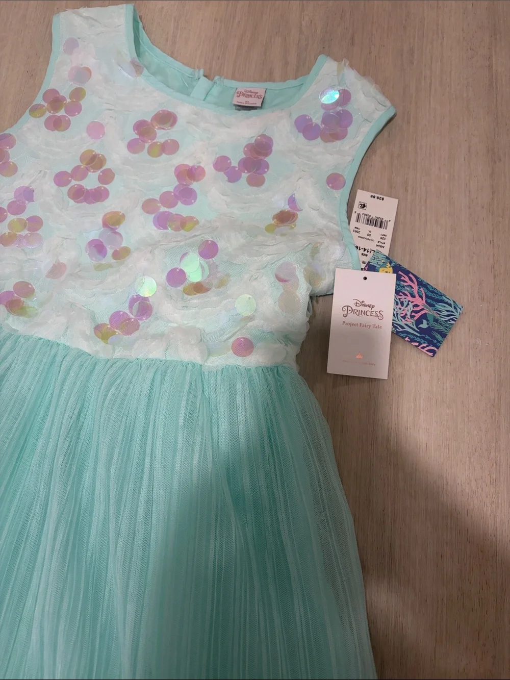 NWT- Disney new Girls' Light Aqua Sequin Bodice Party Dress Aqua color.